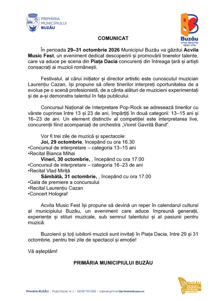 COMUNICAT. Acvila Music Fest, pe platoul din centrul orașului Buzău: Holograf, Laurențiu Cazan, Vlad Miriță, Bianca Mihai. Festival concurs 1 Acvila Music Fest Buzău prima ediție Piața Dacia, holograf, Laurențiu Cazan, Vlad Miriță