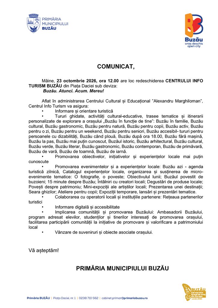 Se redeschide Centrul Info Turism din Piața Daciei: Buzău. Atunci. Acum. Mereu! 1 Centrul Info Turism Buzău Piața Dacia, redeschidere Centrul Info Turism Buzău octombrie 2026