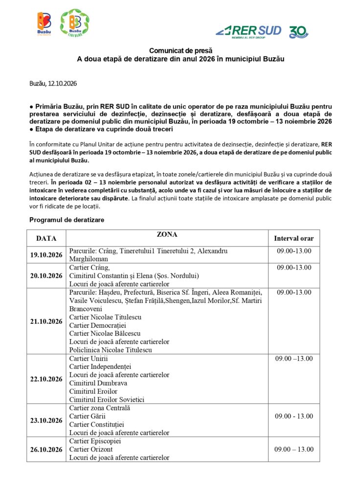 Primiți cu deratizarea? Începe a doua etapă, în orașul Buzău. Vezi programul acțiunilor 1 comunicat Primăria Buzău, deratizare Buzău octombrie - noiembrie 2026