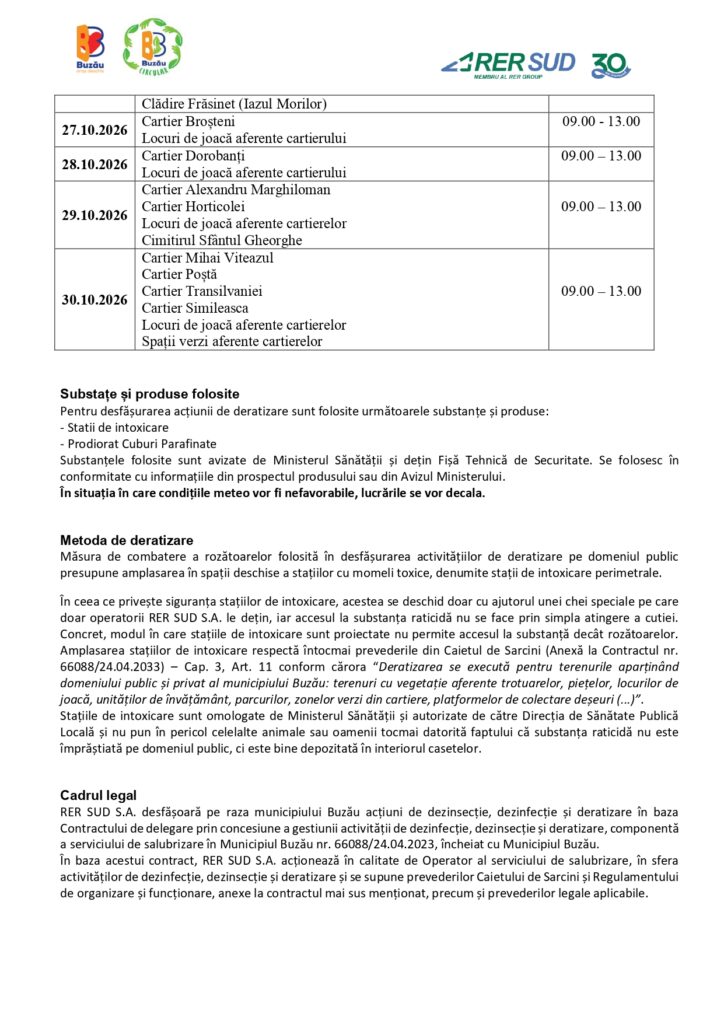 Primiți cu deratizarea? Începe a doua etapă, în orașul Buzău. Vezi programul acțiunilor 2 comunicat Primăria Buzău, deratizare Buzău octombrie - noiembrie 2026