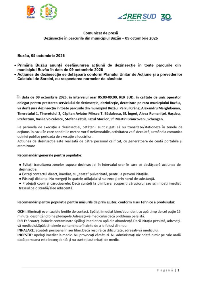 O nouă etapă de dezinsecție în parcurile din orașul Buzău. Iată programul acțiunilor! 1 program acțiuni dezinsecție parcuri Buzău octombrie 2026