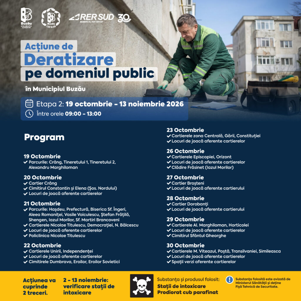 Primiți cu deratizarea? Începe a doua etapă, în orașul Buzău. Vezi programul acțiunilor 3 comunicat Primăria Buzău, deratizare Buzău octombrie - noiembrie 2026