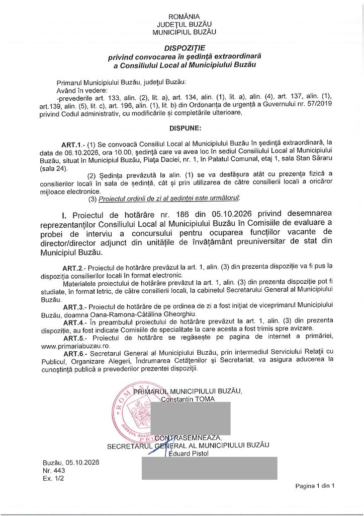 Concursul de directori de școli aduce o ședință extraordinară la Palatul Comunal 1 desemnare reprezentanți CLM Buzău concurs directori școli, ședință extraordinară CLM Buzău octombrie 2026