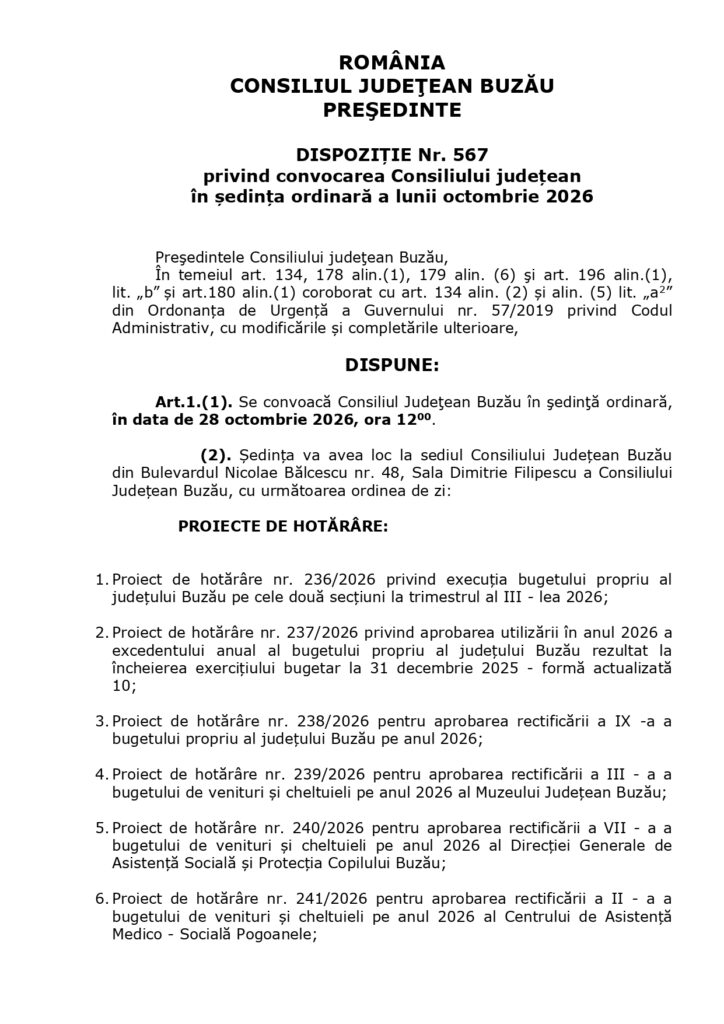 proiecte de hotărâre ședință Consiliul Județean octombrie 2026, ședință Consiliul Județean Buzău octombrie 2026