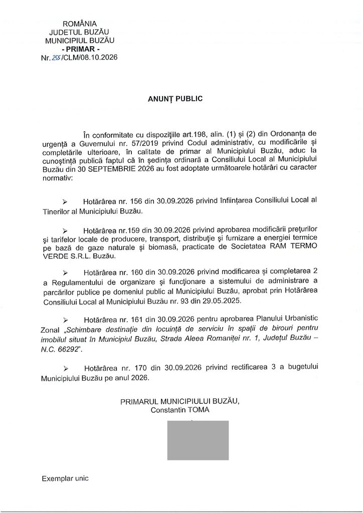 Hotărârile cu caracter normativ adoptate în ședința CLM din 30 septembrie 1 anunț public Primăria Buzău, hotărâri caracter normativ CLM Buzău septembrie 2026, ședință CLM Buzău