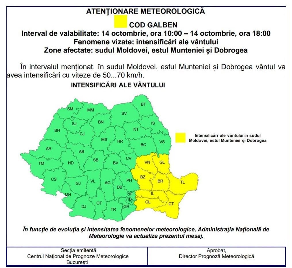 Avertizare meteo și pentru Buzău. Intensificări ale vântului, până diseară 1 avertziare meteo Buzău intensificări ale vântului 14 octombrie 2026