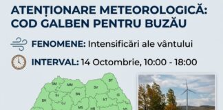 Avertizare meteo și pentru Buzău. Intensificări ale vântului, până diseară