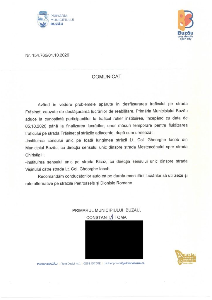 În atenția șoferilor! Șantierele de pe Frăsinet și Stadionului impun noi măsuri de fluidizare și restricții 1 anunț Primăria Buzău, fluidizare circulație sensuri unice Buzău, restricții Bulevard Bălcescu