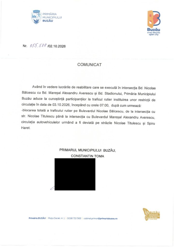 În atenția șoferilor! Șantierele de pe Frăsinet și Stadionului impun noi măsuri de fluidizare și restricții 2 anunț Primăria Buzău, fluidizare circulație sensuri unice Buzău, restricții Bulevard Bălcescu